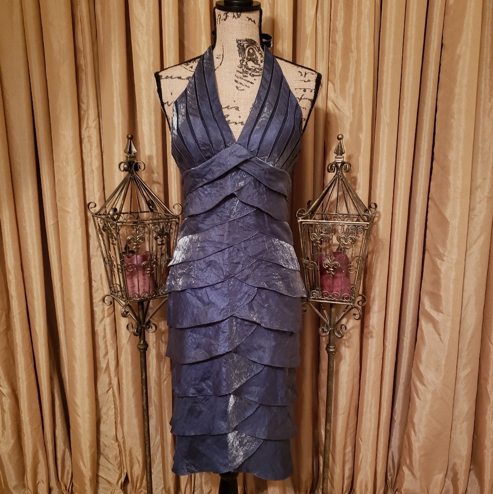 •CACHÈ  Irredescent Pewter Blue Cocktail Dress